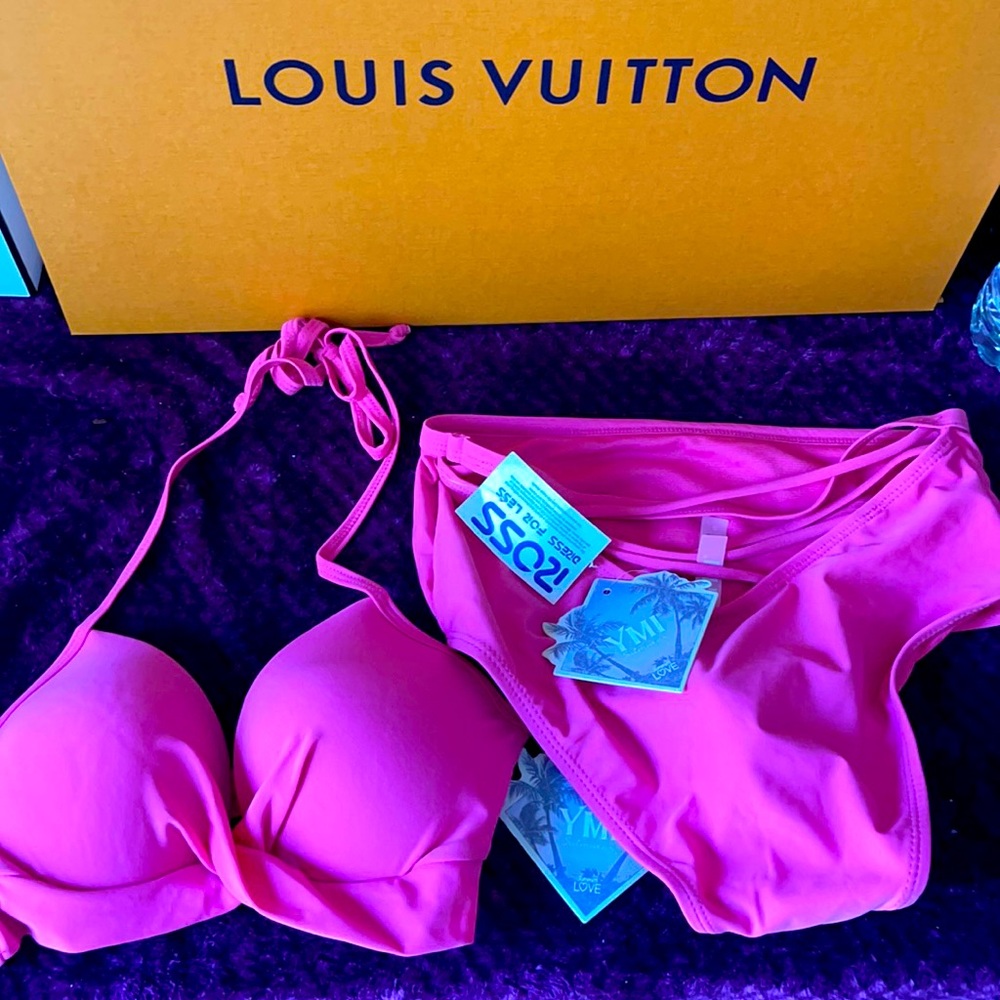 2piece hot pink high waist swim suit